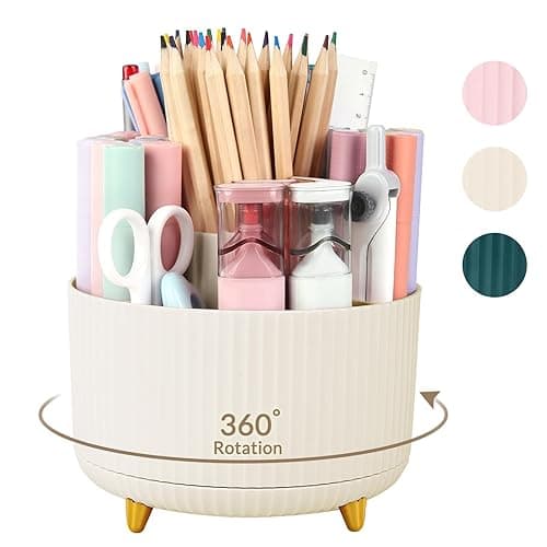SKYDUE 360 Rotating Plastic Desk Pen Organizer with 5 Slots, Dual-Purpose Art Supply Pencil Cup for Office, School, Home - Beige - Image 1
