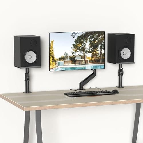 suptek Clamp-on Speaker Stand Desk Mount Set, Height Adjustment, Tilt, Swivel, 9.6 x 8.8 inch Trays, Universal Audio Holders for Computer and Bookshelf Speakers, Elevated Sound, 2 Pack, Black, SDM001B thumbnail 3
