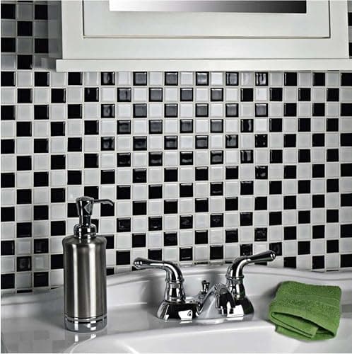 Tenedos Square Black and White Checker Board Porcelain Mosaic Wall Floor Tile Backsplash Shiny Look for Kitchen, Bathroom Shower, Accent Decor, Fireplace thumbnail 5