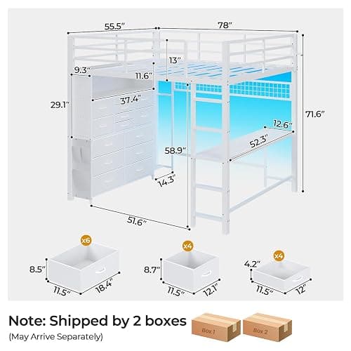 ADORNEVE Full Size Loft Bed with Desk,14 Storage Drawers & Power Outlet, Full Loft Beds with LED Lights, Pegboard, Metal Loft Bed with Safety Guardrail & Ladder, Space Saving for Teens, White thumbnail 2