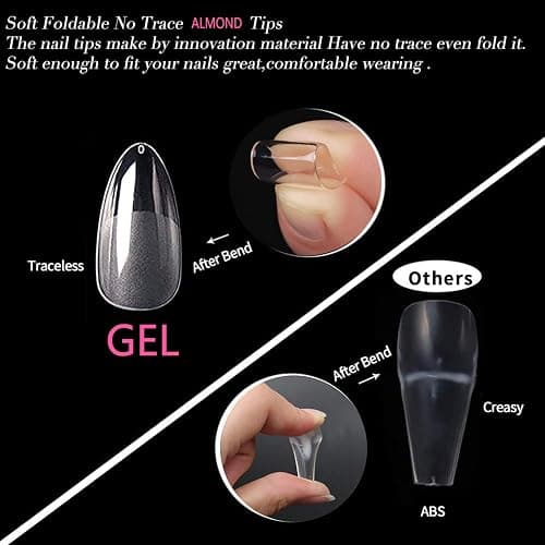 UNA GELLA Almond Gel Nail Tips, 504PCS Pre Etched Clear Fake Nails Tips Medium Almond Shape - 12 Sizes Full Cover Soft Acrylic Press On Nail Extensions No C Curve Gift for Diy at Home - A0-Medium Almond thumbnail 5