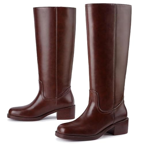 Gothictor Women's Banana Knee High Boots Square Toe Chunky Block Heel Comfortable Low Heel Pull on Wide Calf Riding Long Boots for Women thumbnail 6