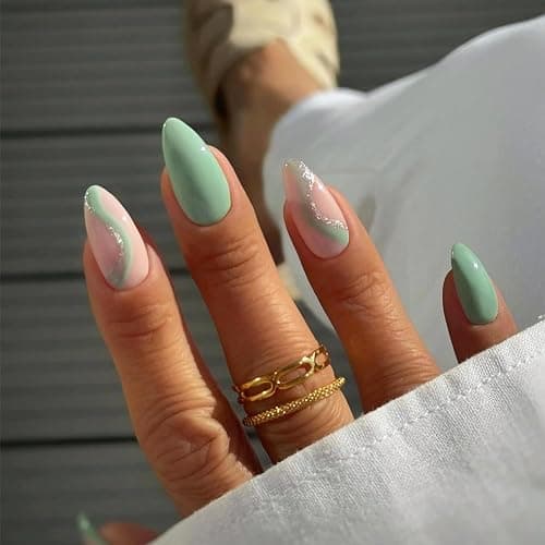 MERVF Almond Press on Nails Medium Fake Nails Light Green Glue on Nails Glitter Swirls Lines Design Press ons Sparkle Solid Color Stiletto Acrylic False Nails Glossy 24pcs - Image 1