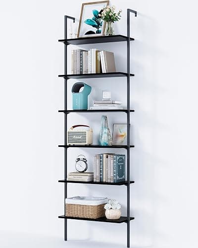ODK 6-Tier Ladder Shelf, 87 Inches Wall Mounted Ladder Bookshelf with Metal Frame, Open Industrial Shelves for Home Office, Bedroom and Living Room, Black - 12"D x 24"W x 87"H - Black - Image 1