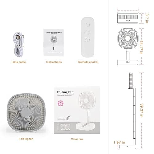 Magesh Portable Pedestal Fan - Foldaway Standing Fan Foldable Desk Fan, Use 7200Mah Rechargeable Battery, Remote Control Telescopic 4 Speed Quiet Timer Fan for Home Kitchen Outdoor Camping (White) thumbnail 2