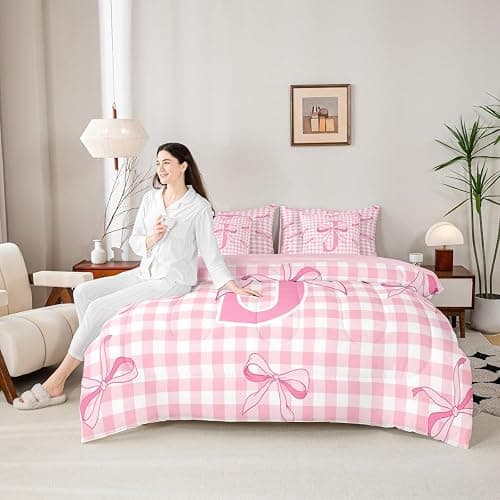 Feelyou Pink Bow Comforter Set with Sheets 7 Piece Full Size Cute Checkered Bowknot Bedding Set for Kids Boys Girls Personalized Initial J Bed in a Bag Room Decor Soft Lightweight Microfiber thumbnail 6