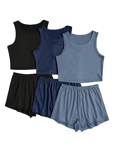 OYOANGLE Women's 6 Piece Summer Pajama Set Crop Tank Top and Shorts Pjs Lounge Set Sleepwear - Image 1