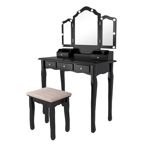 NEDYO Vanity Table, Vintage Vanity Desk with Mirror and Lights, Tri-Fold Mirror Small Makeup Vanity with Chair, Vanity Set for Bedroom and Small Spaces. Carbon Black thumbnail 8