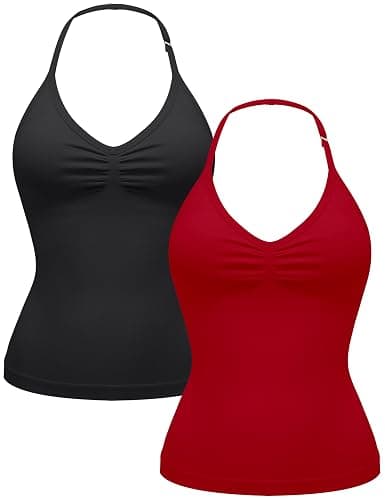 OLCHEE Womens Halter Workout Tank Tops V Neck Backless Strappy Padded | Longline Gym Yoga Pilates Top, Adjustable Spaghetti Strap, Backless, Scrunch, Sweetheart, Built-in Bra, Removable - Image 1