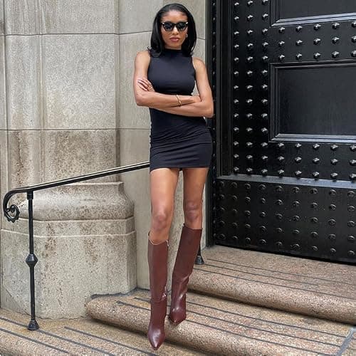 Modatope Knee High Boots Kitten Low Heel Faux Leather Pointed Toe Side Zipper Fall Long Tall Boots for Women thumbnail 5