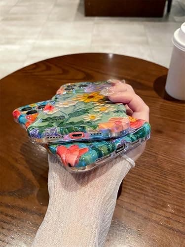 Amytor Case for iPhone 15 Pro Max, Colorful Retro Oil Painting Printed Flower Laser Glossy Pattern Cute Curly Wave Edge Exquisite Phone Cover Stylish Durable TPU Protective Case (Purple Yellow White) thumbnail 7