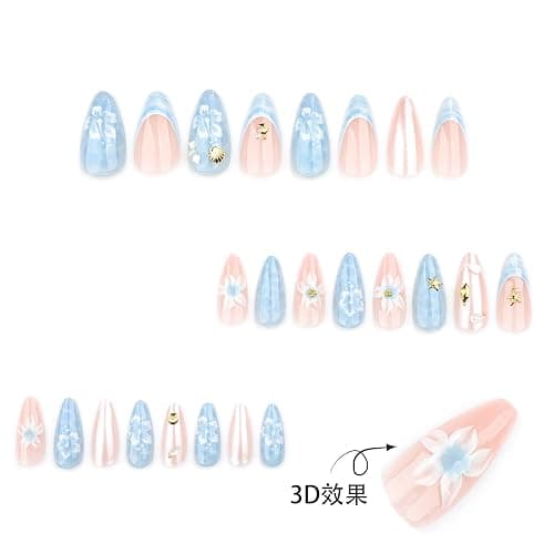 Almond Press on Nails Medium Fake Nails 3D Flower French Tip False Nails Stick on Nail Water Ripple Glossy Glue on Nails Gold Starfish Floral Full Cover Artificial Acrylic Nail for Women Kit 24PCS thumbnail 7