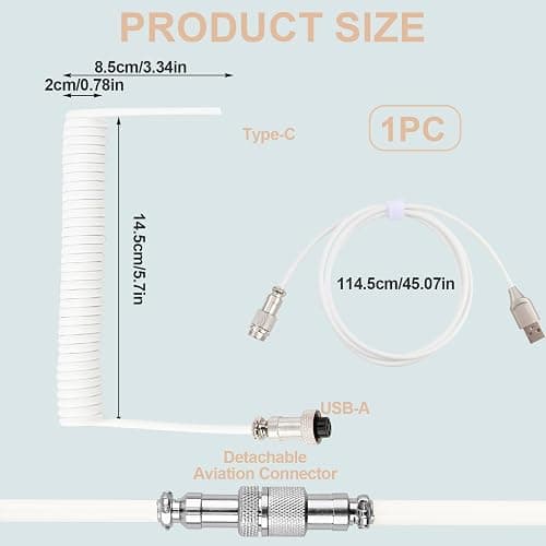 ltteea Coiled Keyboard Cable 1.8m,Type-C To USB A TPU Spring Mechanical Cable with Detachable Metal Aviator Connector Extendable Custom Coiled USB-C for PC Laptop Gaming Keyboard (White) thumbnail 2