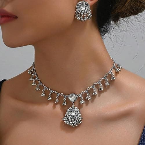 Indian Ethnic Jhumka Jewelry Set for Women Bead Ball Stud Earrings Maang Tikka Oxidized Antique Traditional Jhumki Pendant Bib Choker Necklace Boho Gypsy Wedding Bridal Jewelry Dance Prom Accessories thumbnail 2