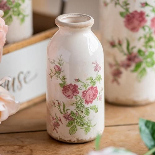 Ceramic Bud Vase 6 Inch, Small Vintage Flower Vase for Rustic Farmhouse Centerpieces, Wedding, Home,Table, Entryway, Shelf and Window Sill Decor - Rose Floral - Image 1