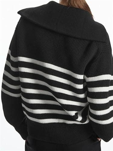 Women's Turtleneck Loose Lapel Striped Knitwear Pulovers Half Zipper Casual Fashion Sweaters thumbnail 4