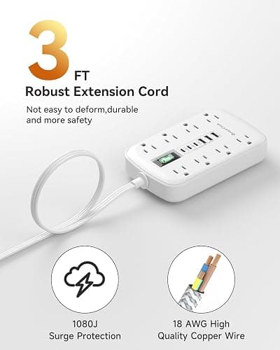 Flat Plug Power Strip with USB Ports - Flat Extension Cord 3FT with 8 AC Outlets 6 USB(3 USB C), Short Extension Cord Surge Protector Multi Plug Wall Plug for Travel, Home, Dorm Room Essentials, White thumbnail 2