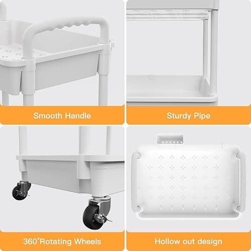3 Tier Rolling Utility Cart with Handle,REBECAT Utility Cart Made of Multifunctional Storage Organizer Tool for Kitchen,Bathroom,Living Room,Office(White) thumbnail 4