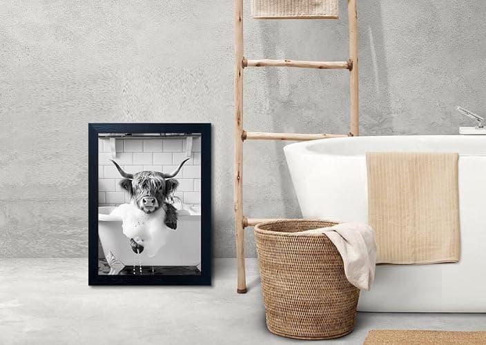 Highland Cow Bathroom Decor, Funny Bathroom Wall Art, Highland Cow in Bathtub Farmhouse Canvas Print, Black and White Cow Pictures Wall Decor, Framed Animal Pint Artworks for Wall thumbnail 6