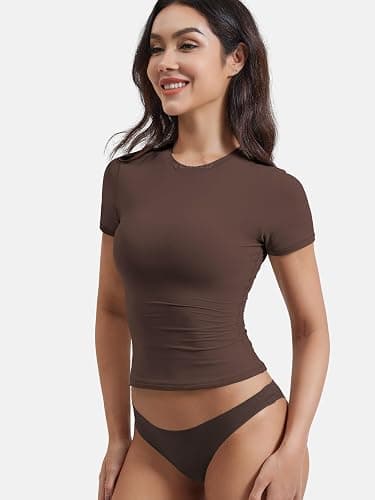 YEOREO Women Fitted Workout Tops Short Sleeve Double Lined Basic Y2K Going Out Crew Neck Compression Crop Top thumbnail 4