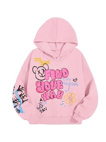WDIRARA Girl's Cartoon Letter Graphic Hoodie Drop Shoulder Long Sleeve Pullover Sweatshirt - Image 1