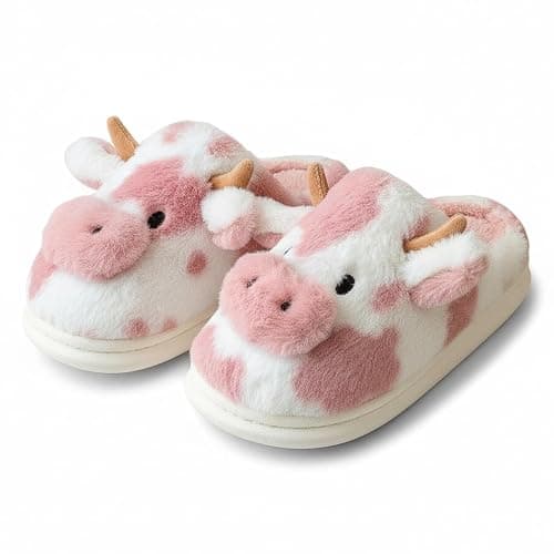 NICO×ASH Furry Cow Slippers for Women, Men & Teens, Warm Animal House Slippers, Comfy Winter Home Shoes - Image 1