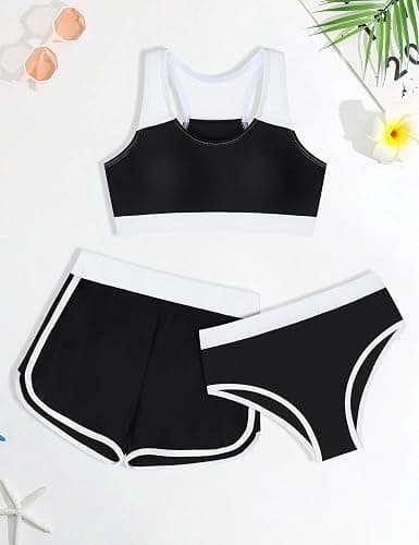Gaupafmb Girls Bikini 3PCS Swim Sets Color Block Crop Top Briefs with Shorts for 7-16 Years thumbnail 3