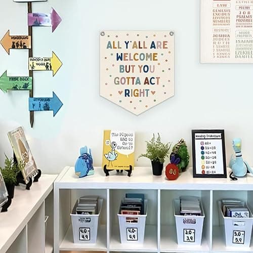 Lacama All Y'all Are Welcome But You Gotta Act Right Banner Boho Classroom Decor，Pastel Classroom Decor, Retro Wall Hanging Banner for Boys Girls Kids Room Playroom Bedroom College Dorm 12X14in thumbnail 4