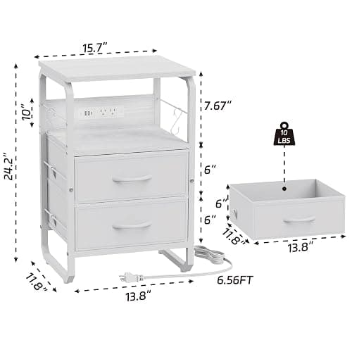 runjuly Night Stand with Charging Station, Bedside Table with Drawers, AC Outlets & USB C Ports, Bedroom Nightstand with Hooks, Metal End Table for Bedroom, Office, Dorm (White) thumbnail 3