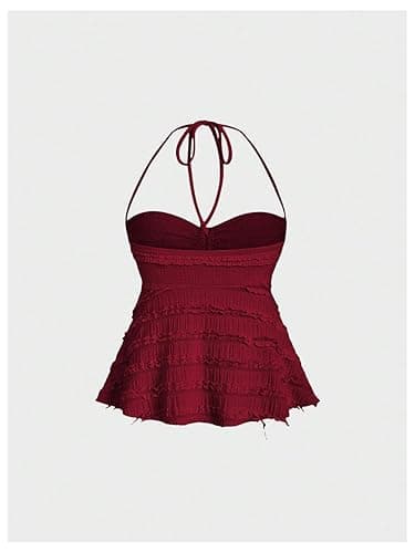 SOLY HUX Women's Peplum Halter Crop Tops Y2K Drawstring Tie Ruched Dressy Casual Spaghetti Strap Cami Top - Small - Pure Burgundy thumbnail 2