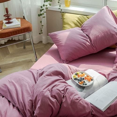 AMWAN Modern Purple Mauve Solid Cotton Duvet Cover with 2 Pillowcases, King Size, Knit Comforter Cover, Luxurious Bedding Set thumbnail 5