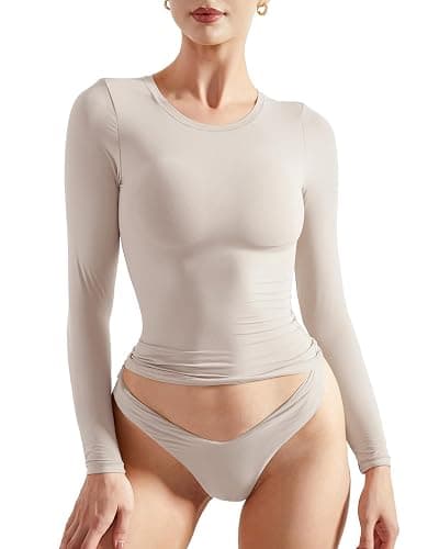 SUUKSESS Women Double Lined Fitted Basic T Shirts Crew Neck Long Sleeve Crop Top thumbnail 5