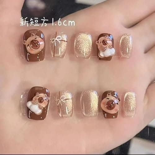 10Pcs Cute 3D Capybara Press On Nails, Short Brown Almond Tips with Clear White Accents, Glossy Resin Fake Nails in XS S M (XS) thumbnail 7