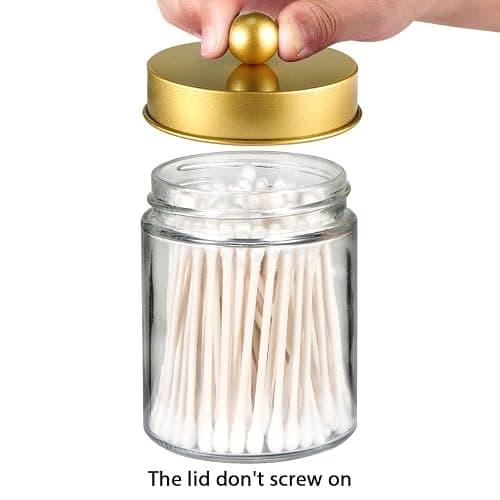 Amolliar Apothecary Jar Bathroom Storage Qtip Holder Glass, Gold 2Pack | for Bathroom Vanity Storage, Countertop, Farmhouse Style, Holds Cotton Swabs, Dental Floss, Makeup Sponges thumbnail 5