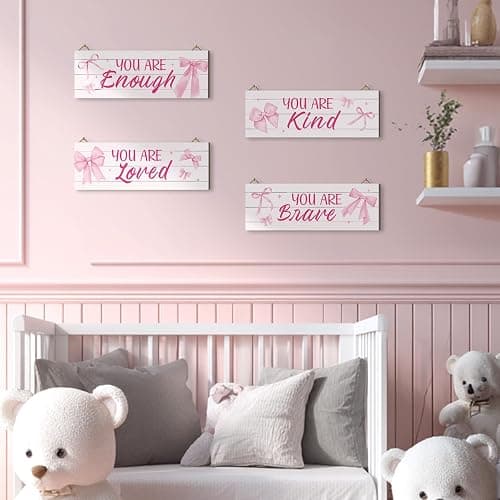 Dazzlewall 4Pcs Pink Inspirational Wall Decor, Bow Tie Wooden Signs for Living Room Bathroom Girls Bedroom Wall Decor Gallery Hanging Plaques, 11.4x3.9 in thumbnail 2