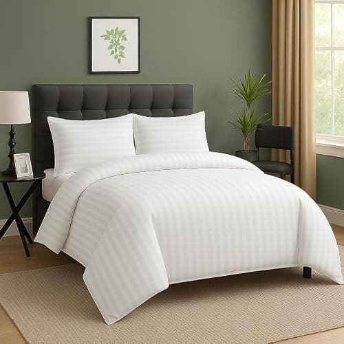 MIA we dress your home Luxury Double Duvet Cover Set - Hotel Quality Satin Stripe White Bedding Set Comforter Quilt Cover With 2 Pillowcases Zip Closure (White, Double) thumbnail 6