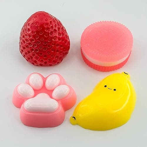 Taba Squishy Toy Set, Sensory Squeeze Fidget Toys for Stress Relief, Cute Party Favors for Kids Adults, Includes Banana Strawberry Cat Paw and Cookie thumbnail 4