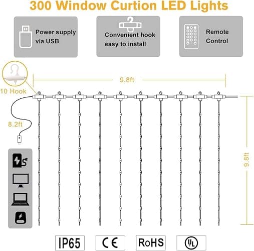 Unihoh Curtain Lights, Fairy Lights for Bedroom, 300 LEDs Warm White Twinkle Lights W/ 8 Modes USB Powered, Icicle String Lights W/ Remote & Timer for Indoor Xmas Party Patio Decoration(9.8 x 9.8 Ft) thumbnail 7