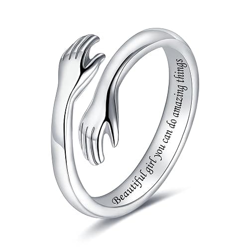 LOVECOM S925 Sterling Silver Hug Rings for Women Adjustable Hugging Hands Open Ring for Men Promise Rings Jewelry Birthday Mothers Day Gifts for Dad Mom Wife Daughters Grandma Best Friend - Image 1