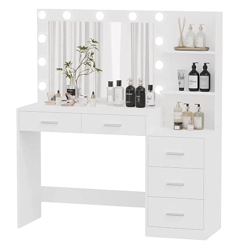 Rovaurx 46.7" Makeup Vanity Table with Lighted Mirror, Large Vanity Desk with Storage Shelf & 5 Drawers, Bedroom Dressing Table, 11 LED Lights, White - White thumbnail 7