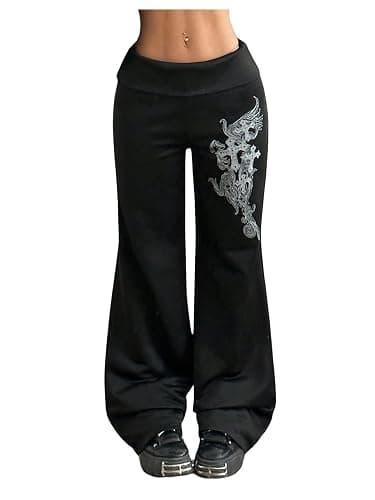 Milumia Women's Gothic Grunge Graphic Foldover Pants Y2k Low Waist Trousers Sweapants - Image 1