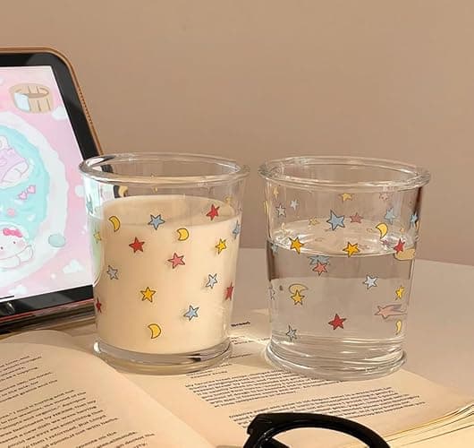 yaocoral 2 Pack 12 OZ Cute Glass Cup Star Drinking Glasses for Iced Coffee | Thick Sturdy/Clear Crystal/French style/Fresh Unique Pretty/Juice Tea Milk Latte Colorful Glassware Drinkware/Stackable thumbnail 2