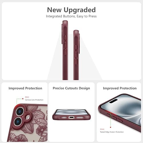 XIZYO for iPhone 16 Case Cute Floral, Wine Red | Girly Women Flower Rose Aesthetic Burgundy Pattern, Full Camera Protection Translucent Matte Anti-Yellowing Shockproof Cover thumbnail 4