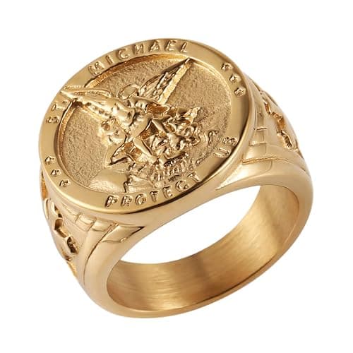 HZMAN St. Michael San Miguel The Great Protector Archangel Defeating Satan Figurine Stainless Steel Amulet Ring - Image 1
