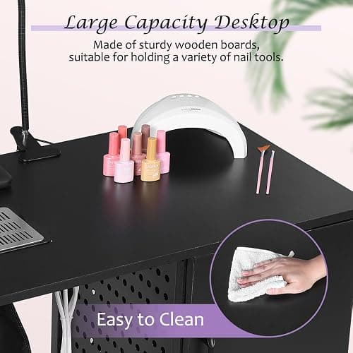 AGESISI Nail Desk for Nail Tech Manicure Table with Dust Collector Charging Station, Nail Tech Table with 4 Storage Drawers, LED Lamp, Lockable Wheels, Nail Station for Home & Spa Salon, Black thumbnail 5
