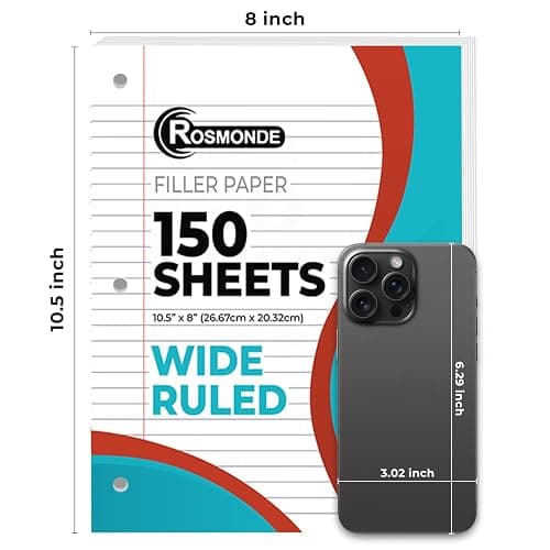 Rosmonde Loose Leaf Paper, 450 Sheets, 3 Pack, 56 gsm Wide Ruled Sheets, 8" x 10.5", Bulk Notebook Paper, 3 Hole Punched, 150 Sheets/Pack, Wide Ruled Paper for Binders, Loose Leaf Office Paper, White - Wide Ruled - 3 Pack (450 Sheets) thumbnail 3