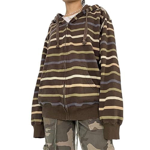 Mtsebmves Women's Zip Up Hoodie Sweatshirt Long Sleeve Oversized Casual 90S Y2K E-Girl Streetwear Grunge Jacket with Pocket - Coffee-a - Large