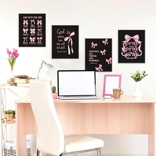 ETVISO Pink and Black Room Decor, Christian Wall Art, Coquette Pink and Black Bow Wall Art Posters Set of 4, Dorm Decor for College Girls, Bow Room Bedroom Bathroom Wall Art Decor 8x10(Unframed) thumbnail 4