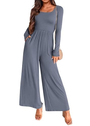 KIRUNDO Long Sleeve Jumpsuit for Women 2026 Spring Summer Airport Travel Outfits One Piece Square Neck Wide Leg Pants Romper - Image 1