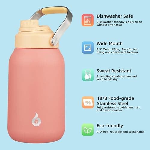BJPKPK Half Gallon Insulated Water Bottles, 64oz Water Jug with Metal Handle & BPA Free Spout Lid, Dishwasher Safe Flasks, Large Stainless Steel Gym Sport Jugs, Pink thumbnail 4